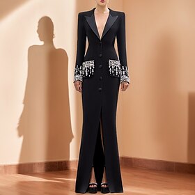 Black White Blazer A-Line Evening Gown Vintage Tuxedo Dress Formal Wedding Floor Length Long Sleeve Shirt Collar with Rhinestone Glitter 2025
