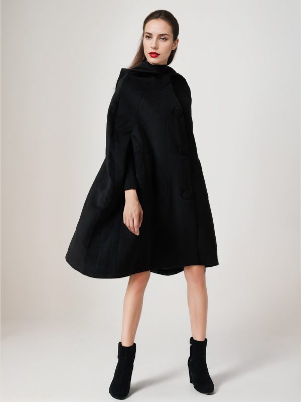 Black Woolen Cape Coat With Hood Oversized Poncho Winter Outerwear For Women 2025