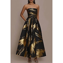 Black and Gold Print A-Line Cocktail Dresses Elegant Dress Formal Wedding Tea Length Sleeveless Strapless Satin with Pockets