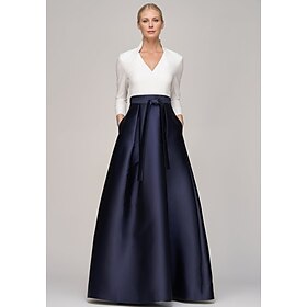 Black and White A-Line Evening Gown Elegant Dress Formal Wedding Guest Floor Length Long Sleeve V Neck Pocket Satin with Bow(s) 2025