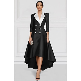 Black and White Blazer Dress A-Line Mother of the Bride Dress Elegant Lapel Asymmetrical Ankle Length Satin Long Sleeve with Color Block 2025