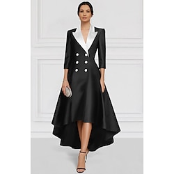 Black and White Blazer Dress A-Line Mother of the Bride Dress Elegant Lapel Asymmetrical Ankle Length Satin Long Sleeve with Color Block