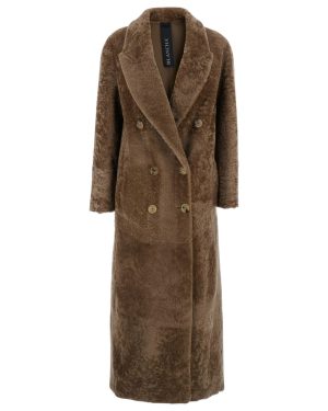 Blancha Brown Double-breasted Shearling Coat With Peak Revers In Fur Woman