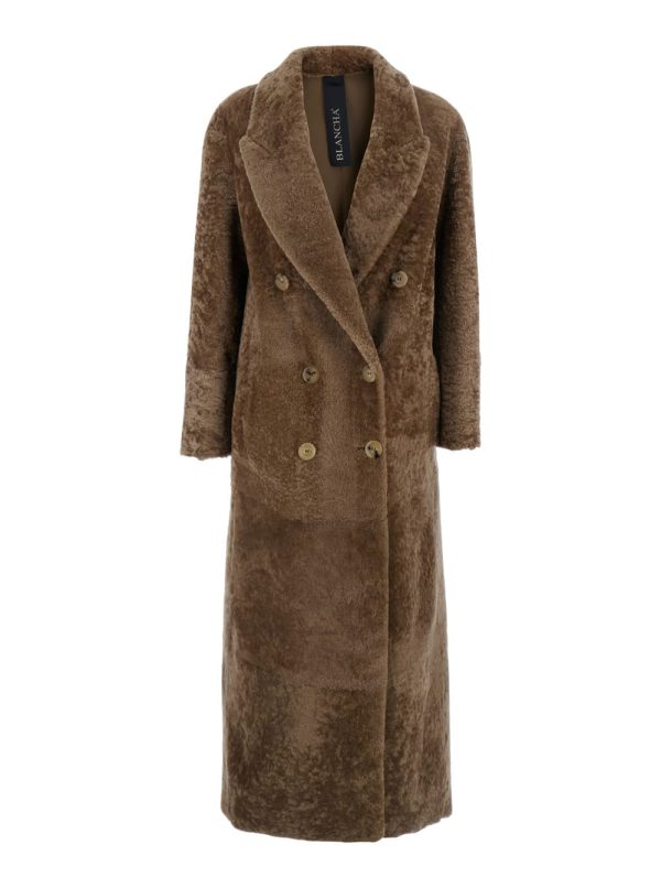 Blancha Brown Double-breasted Shearling Coat With Peak Revers In Fur Woman