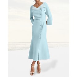 Blazer Dress A-Line Mother of the Bride Tuxedo Dress Elegant Vintage Simple V Neck Floor Length Satin Crepe 3/4 Length Flared Sleeve with Slits Covered Buttons