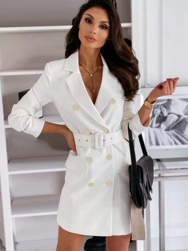 Blazer Dress White Double Breasted Solid Color Slim Fit Casual Belt Spring Fall Outerwear For Women