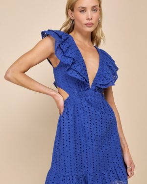 Blissful Sunshine Royal Blue Eyelet Backless Mini Dress