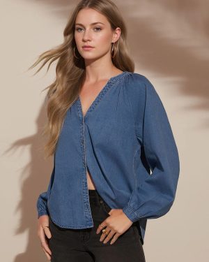 Blouse For Women Blue Denim V-Neck Chic Buttons Long Sleeves Tops