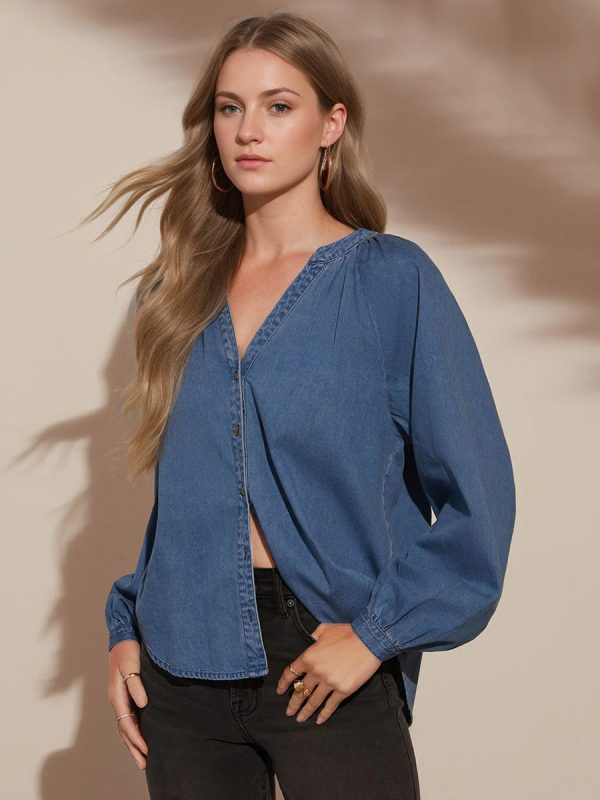 Blouse For Women Blue Denim V-Neck Chic Buttons Long Sleeves Tops