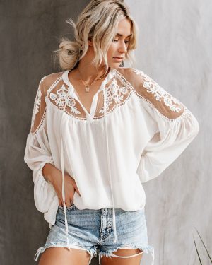 Blouse For Women White Sheer Flowers Embroidered Bohemian Long Sleeves Tops