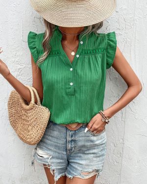 Blouse Ruffles Sleeves Buttons Boho-Inspired Summer Casual Blouse