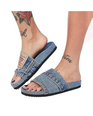 (Blue, 38) Women's Stylish Denim Slides Handmade Denim Slip-on Slippers Of Recycled Jeans Compatible
