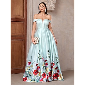 Blue A-Line Evening Gown Elegant Dress Formal Wedding Floor Length Off Shoulder Satin Backless with Floral Print 2025