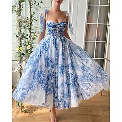 Blue A-Line Prom Dresses Corset Dress Semi Formal Wedding Tea Length Midi Length Cocktail Dress Sleeveless Sweetheart Neck Dress with Floral Print Wedding Guest Dress