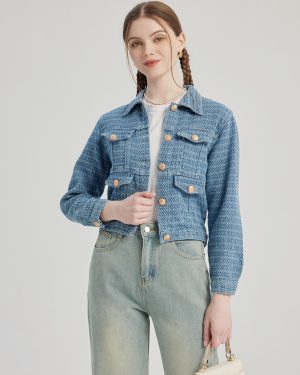 Blue Crop Jacket Turndown Collar Spring Outerwear For Women 2025