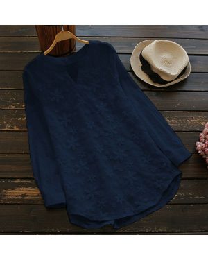 (Blue, L) Womens Blouse Lace Floral Loose Long Sleeve Casual T Shirt Tops Cotton Linen