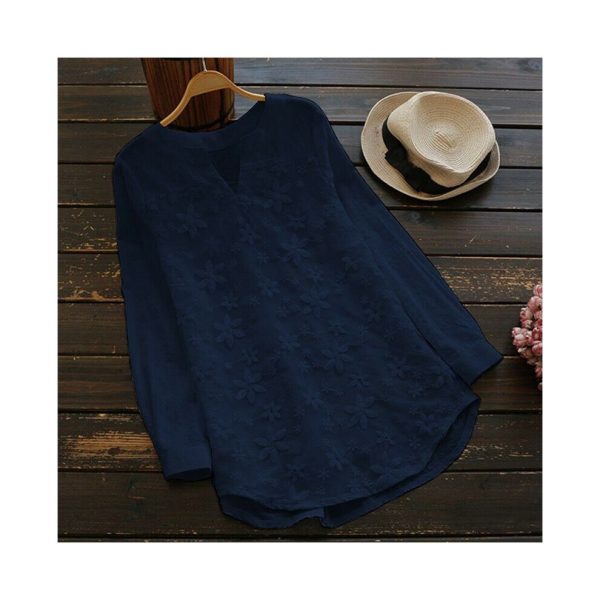 (Blue, L) Womens Blouse Lace Floral Loose Long Sleeve Casual T Shirt Tops Cotton Linen