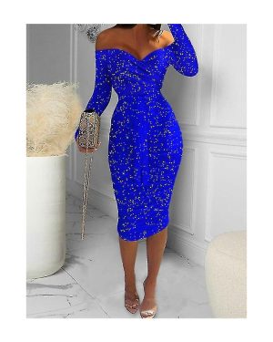 (Blue, L) Women's Christmas Party Dress Sequin Dress Short Mini Dress Blue Red Black Long Sleeve Elk Snowflake Pure Color Sequins Fall Winter Off Shou