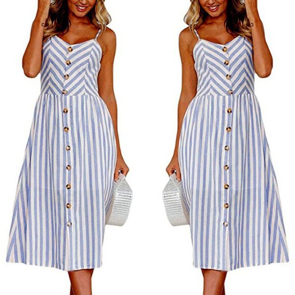 (Blue, M) Women Skater Midi Dress Spaghetti Straps Sleeveless High Waist Buttons Pockets A-Line