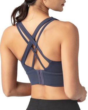 (Blue) Woman Sports Bra Push-up Shockproof Quick Dry Padded Crop-Top Four Hook-and-eye Tank-Top Underwear