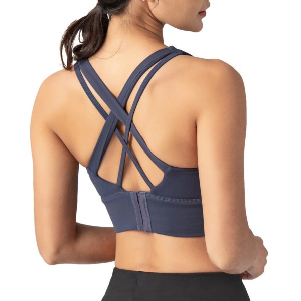 (Blue) Woman Sports Bra Push-up Shockproof Quick Dry Padded Crop-Top Four Hook-and-eye Tank-Top Underwear