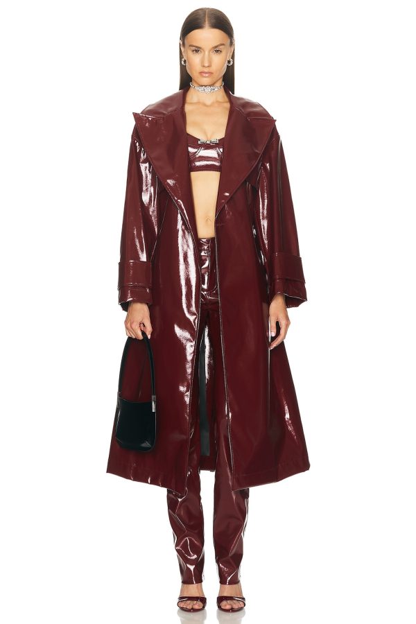 Blumarine Faux Patent Leather Trench Coat in Burgundy - Burgundy. Size 36 (also in ).