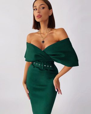 Bodycon Dresses Dark Green Short Sleeves Zipper Sexy V-Neck Layered Slim Fit Dress Sheath Dress