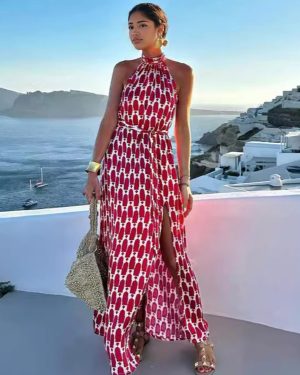 Boho Printed Maxi Dress In Red Halter Neck Summer Elegant Slit Dress For Women 2025