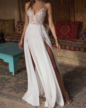 Boho Wedding Dresses 2025 Lace V Neck Sleeveless Beaded Backless Double Splits Chiffon Beach Bridal Gowns
