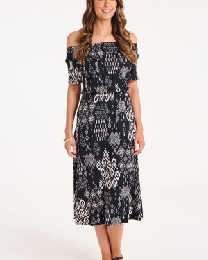 Bonmarche Black Patchwork Print Jersey Bardot Dress