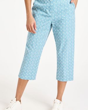 Bonmarche Teal Women's Light Green & White 100% Cotton Shell Print Essential Cropped Trousers, Size: 10 - Holiday Clothes