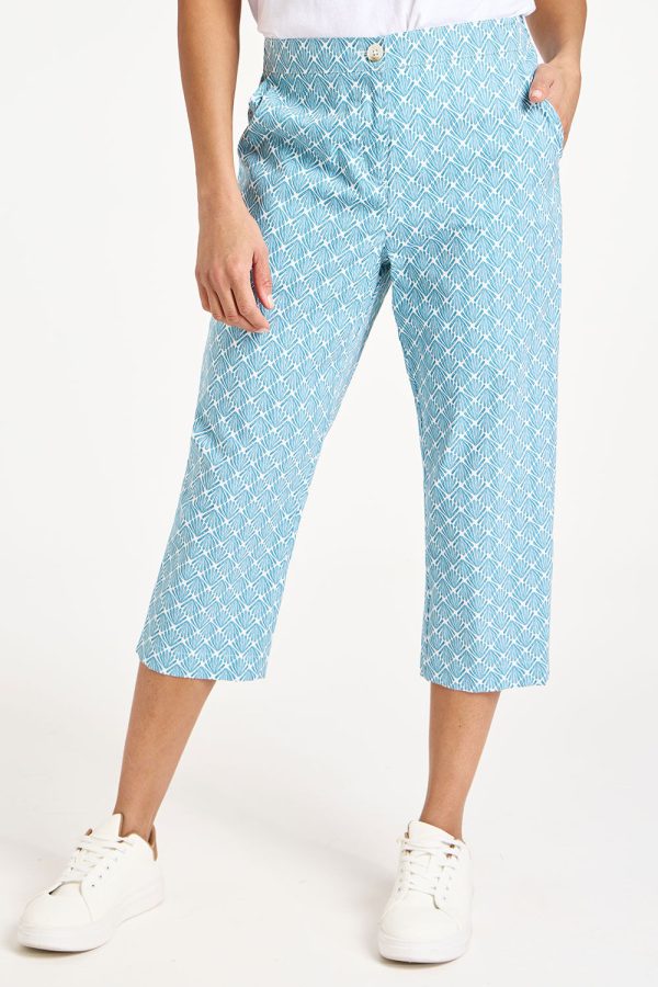 Bonmarche Teal Women's Light Green & White 100% Cotton Shell Print Essential Cropped Trousers, Size: 10 - Holiday Clothes