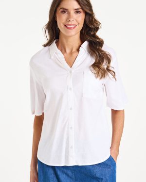 Bonmarche Women's White Boxy Fit Notch Neck Oversized Shirt - Holiday Clothes