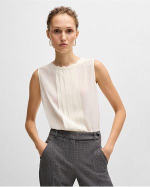 Boss Bemiula Pleat-Front Sleeveless Blouse - White