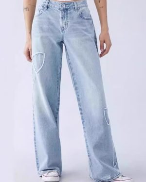 Bow Embroidered Jeans High Street Style Wide Leg Denim Pants For Women 2025