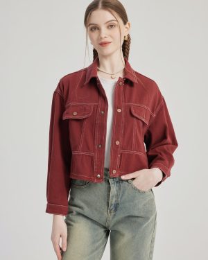 Brick Red Denim Jacket Turndown Collar Spring Outerwear For Women 2025