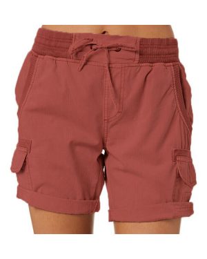 (Brick Red, M) Womens High Waist Cargo Shorts Ladies Casual Loose Cotton Linen Solid Hot Pants
