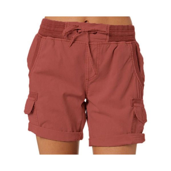 (Brick Red, M) Womens High Waist Cargo Shorts Ladies Casual Loose Cotton Linen Solid Hot Pants