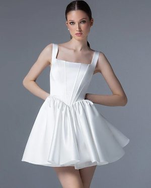 Bridal Mini Dress Short Wedding Dresses Square Neck Sleeveless Short Natural Waist Satin Fabric Bridal Gowns