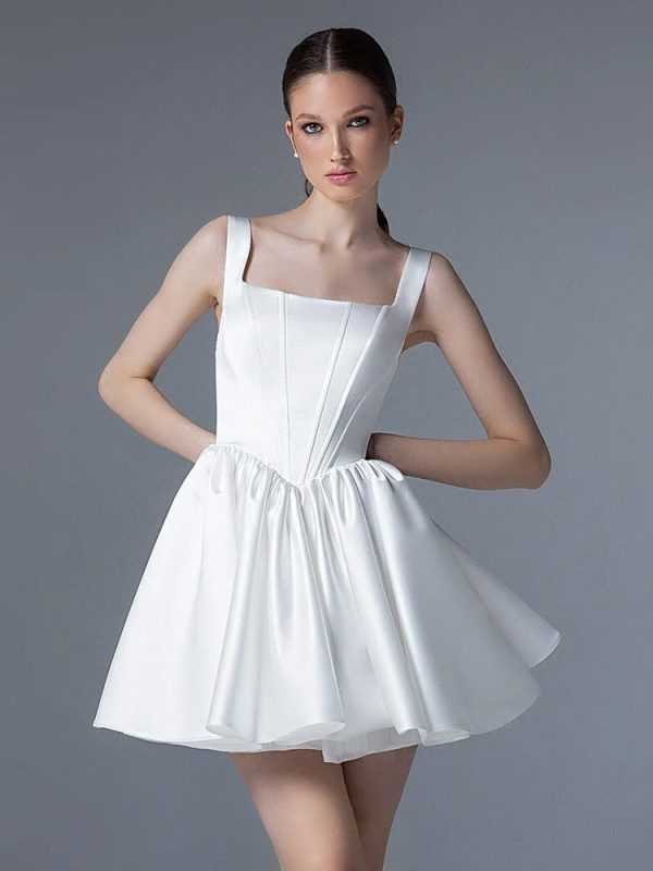 Bridal Mini Dress Short Wedding Dresses Square Neck Sleeveless Short Natural Waist Satin Fabric Bridal Gowns