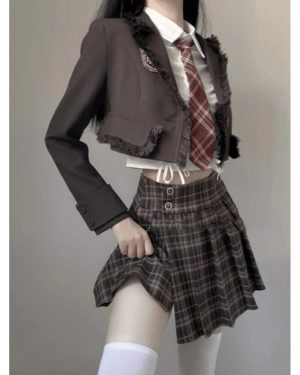 British Preppy Skirt Suits Short Fur-trimmed Blazer Coat + Lapel Shirt + High Waist Plaid Pleated Skirt 3pcs Sets
