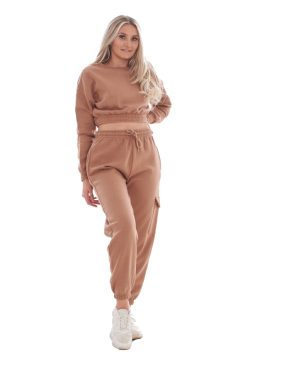 (Brown, M) Malay Ladies Cropped Plain Tracksuit 2 Pieces Round Neck Sweatshirts Cargo Joggers