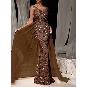 Brown Mermaid / Trumpet Evening Gown Elegant Dresse Embroidered Lace Applique Formal Wedding Floor Length Long Sleeve Crew Neck Tulle with Sequin Skirt 2025