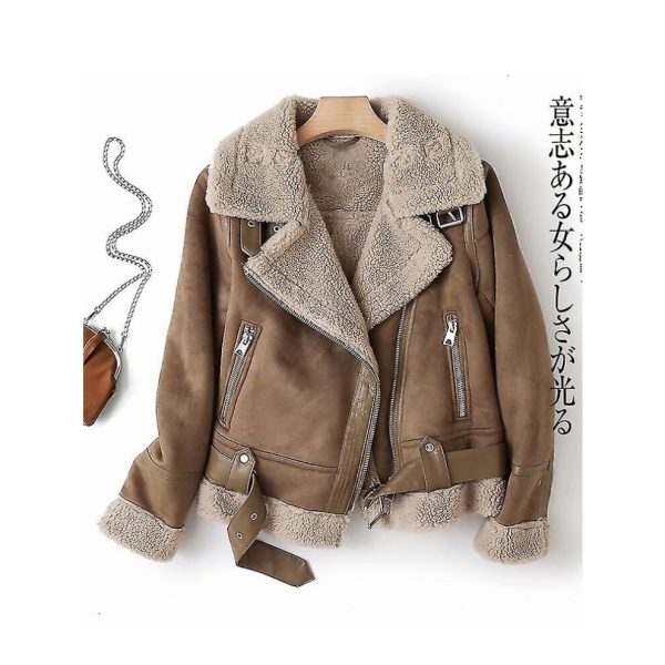 (Brown, S) Women Winter Faux Shearling Sheepskin Fake Leather Jackets Lady Thick Warm Suede Lambs Short Motorcycle Brown Coats