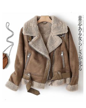 (Brown, S) Women Winter Faux Shearling Sheepskin Fake Leather Jackets Lady Thick Warm Suede Lambs Short Motorcycle Brown Coats