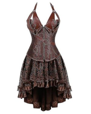 (Brown set, 5XL) Steampunk Corset Dress Women Gothic Faux Leather Corset With Asymmetric Lace Skirt Set S-6xl