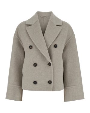 Brunello Cucinelli Beige Double-breasted Short Coat With Wide Revers In Wool And Cashmere Woman