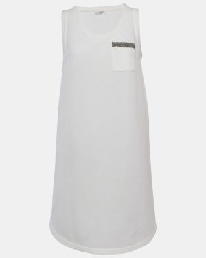 Brunello Cucinelli White Jersey Monili Pocket Detail Sleeveless Mini Dress L