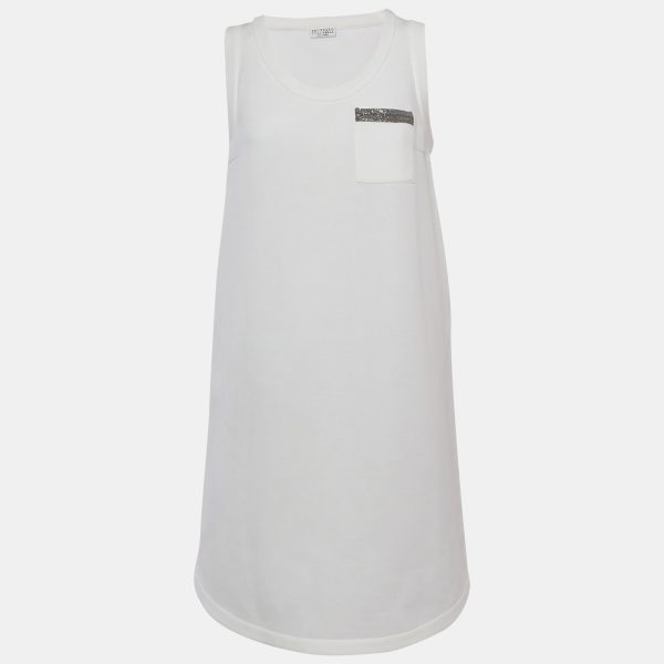 Brunello Cucinelli White Jersey Monili Pocket Detail Sleeveless Mini Dress L