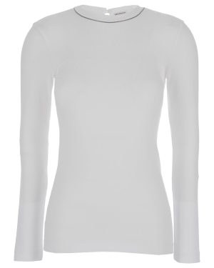 Brunello Cucinelli White Long-sleeve Top With Monile Detail In Ribbed Stretch Cotton Woman